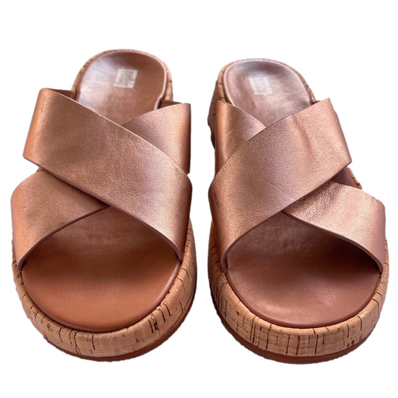 FitFlop F-Mode Rose Gold Size 8 Metallic Leather Cork Flatform Slide Sandal - Picture 1 of 16